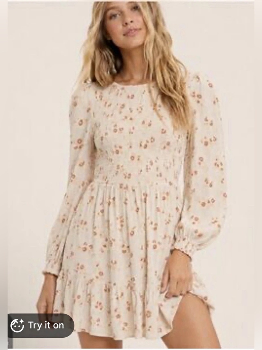 American Eagle Outfitters Women’s Medium Cream Floral Smocked Long-Sleeve Dress